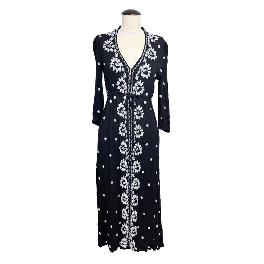 Free People Black Embroidered Floral Maxi Dress V-Neck Long Sleeve Boho Size S